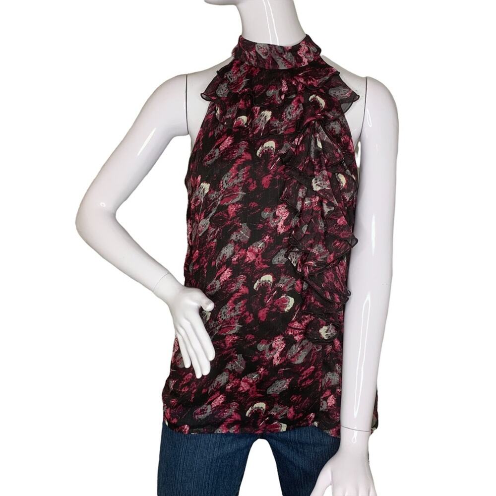 B DESIGN Women Top Ruffles on Front Sleeveless Size S Color Black Floral…